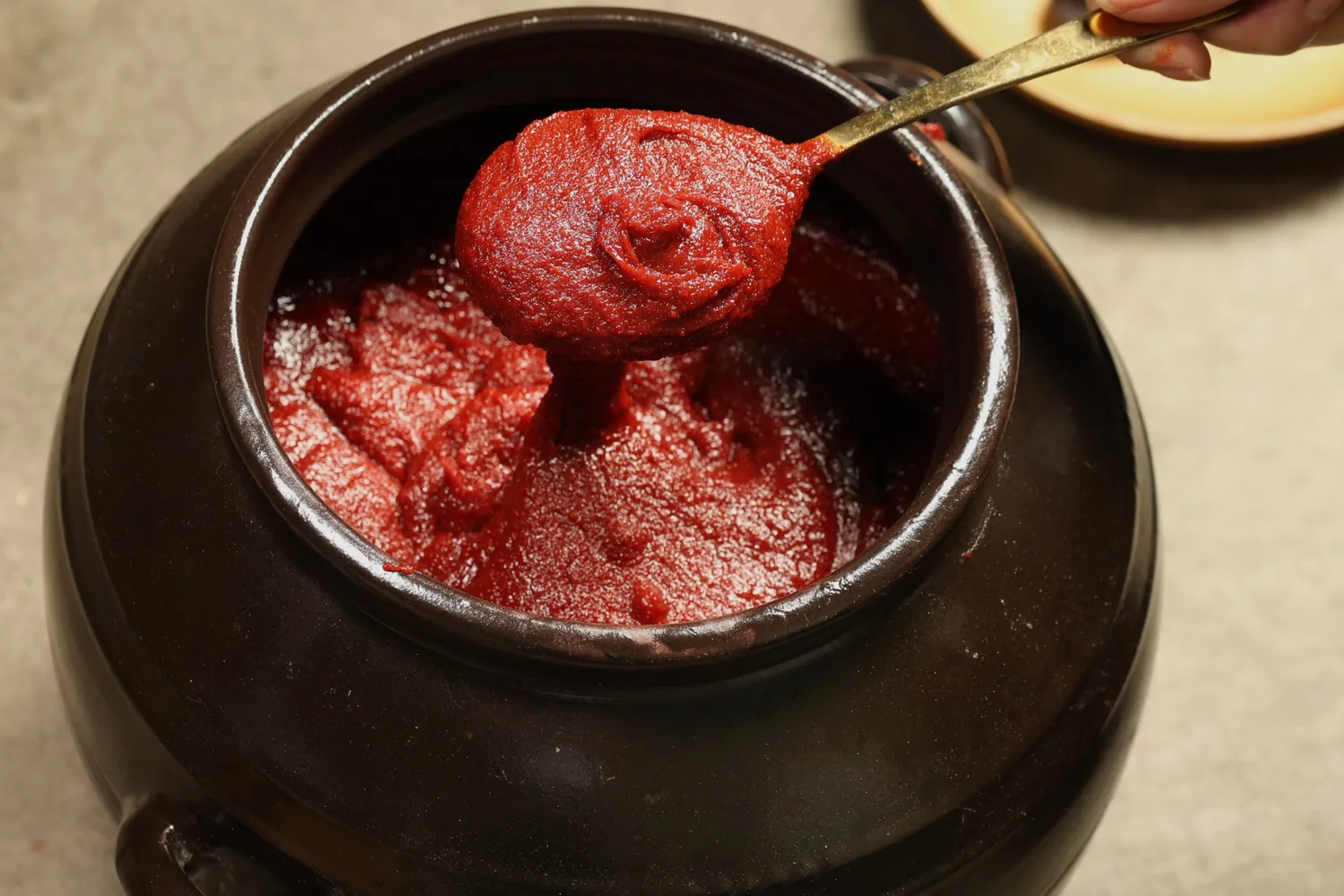 Gochujang lifted from the jar with a brass spoon