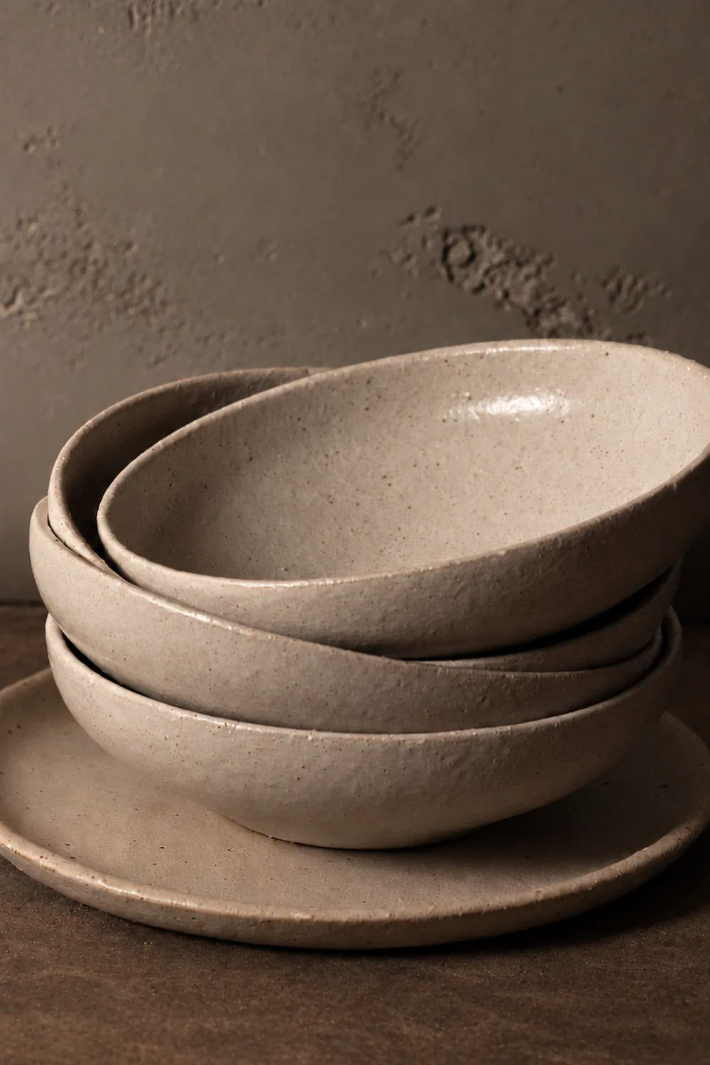 Stoneware bowls stacked on a plate